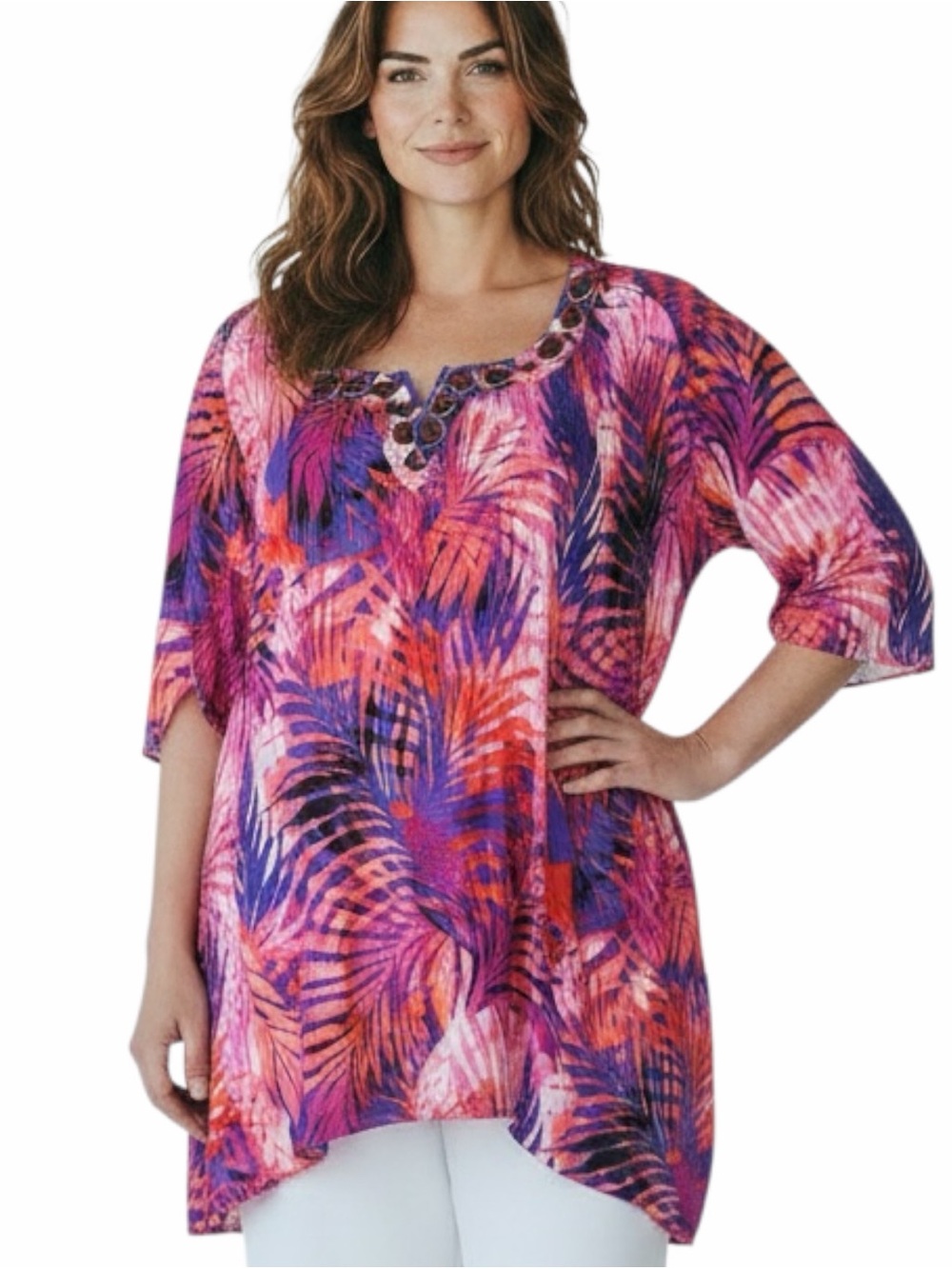 Catherine's Sz 22/24W FAB Tropical Resort Cruise Pleat Embellished Tunic Blouse
